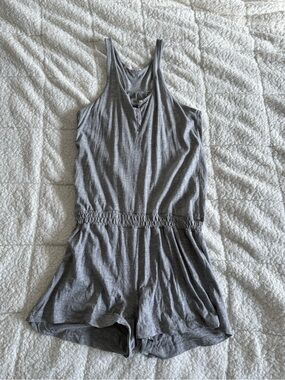 Ardene Gray Ribbed Racerback Romper with Henley Neckline